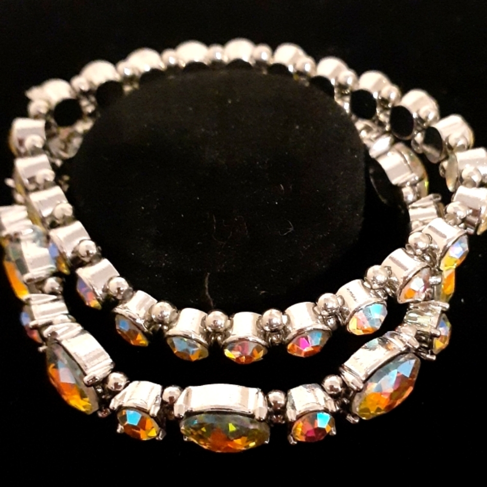 Silvertone bracelet with multi colored rhinestones 2 piece set
